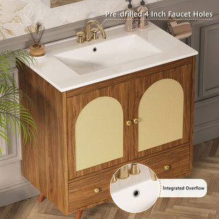 Sigsoul 30 Inch Rattan Bathroom Vanity | Walnut