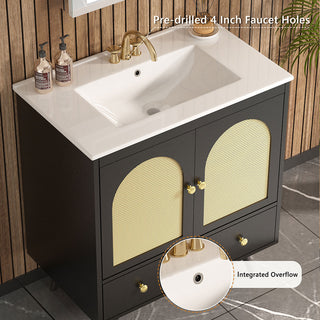 Sigsoul 30 Inch Rattan Bathroom Vanity | Black
