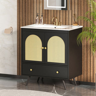 Sigsoul 30 Inch Rattan Bathroom Vanity | Black
