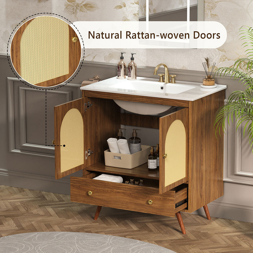 Sigsoul 30 Inch Rattan Bathroom Vanity | Walnut