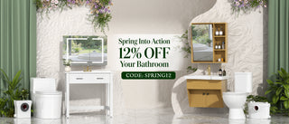 Bathroom setup with a discount banner offering 12% off on bathroom items.