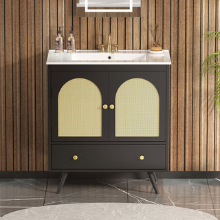Sigsoul 30 Inch Rattan Bathroom Vanity | Black