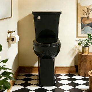 Black 21 inch toilet in a bathroom with checkered floor and decorative elements
