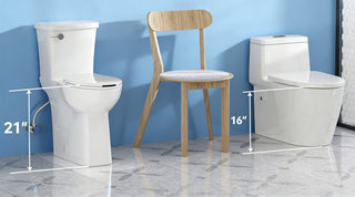 21" high toilet compared with a standard 16" seat height toilet, showing measurement differences on a blue wall background