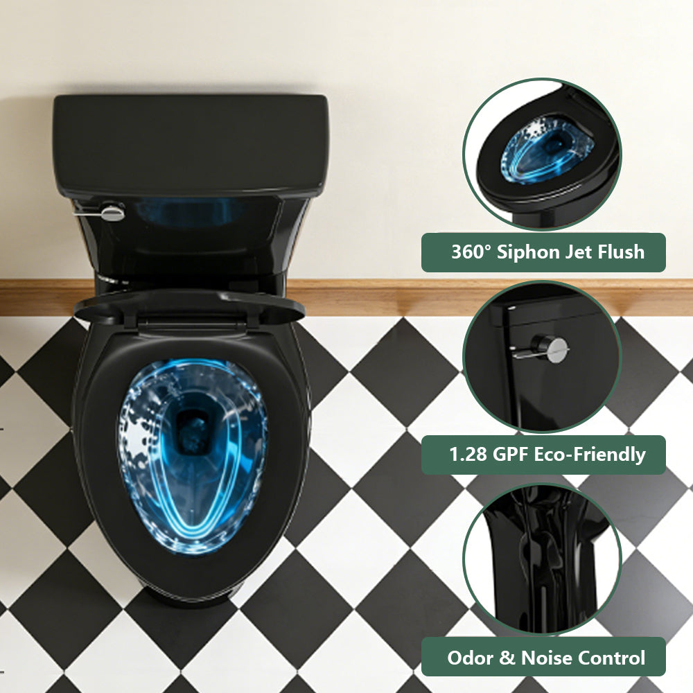 Black toilet highlighting powerful flushing and water-saving design features on a checkered floor
