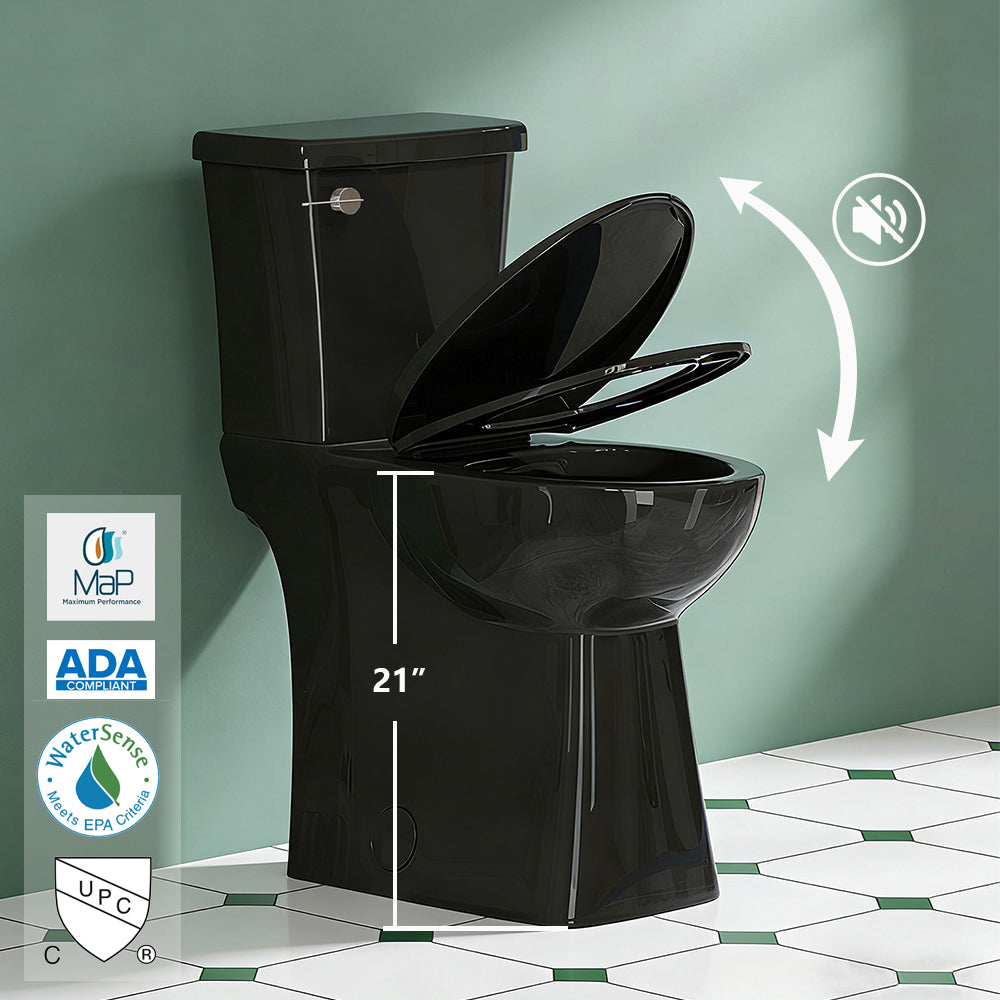 21-inch tall black toilet with soft-close lid on a green tiled floor, displaying MAP, WaterSense, and cUPC certification logos