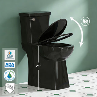 21-inch tall black toilet with soft-close lid on a green tiled floor, displaying MAP, WaterSense, and cUPC certification logos