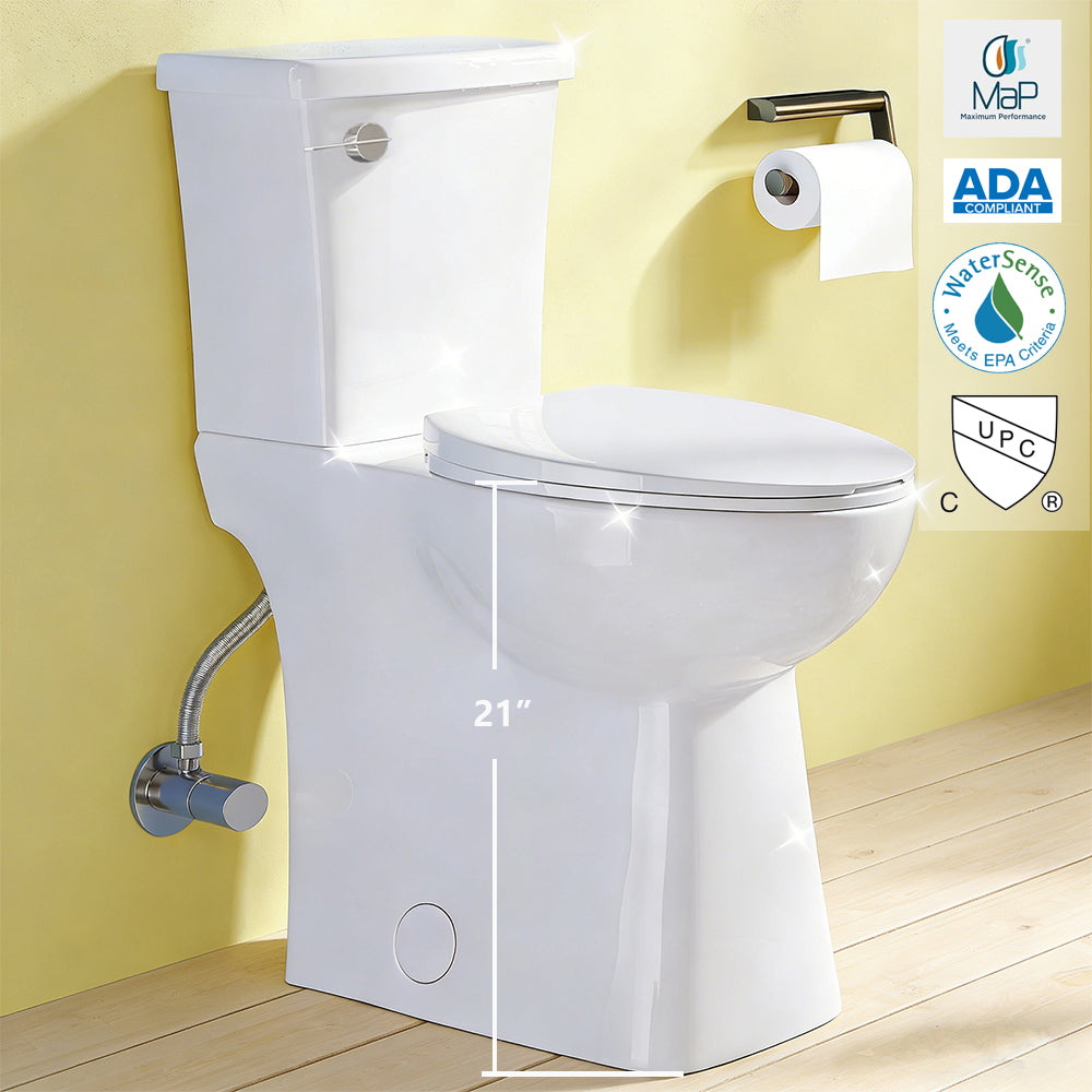 21 inch white toilet with a roll of toilet paper on a yellow wall, featuring ADA and UPC logos.