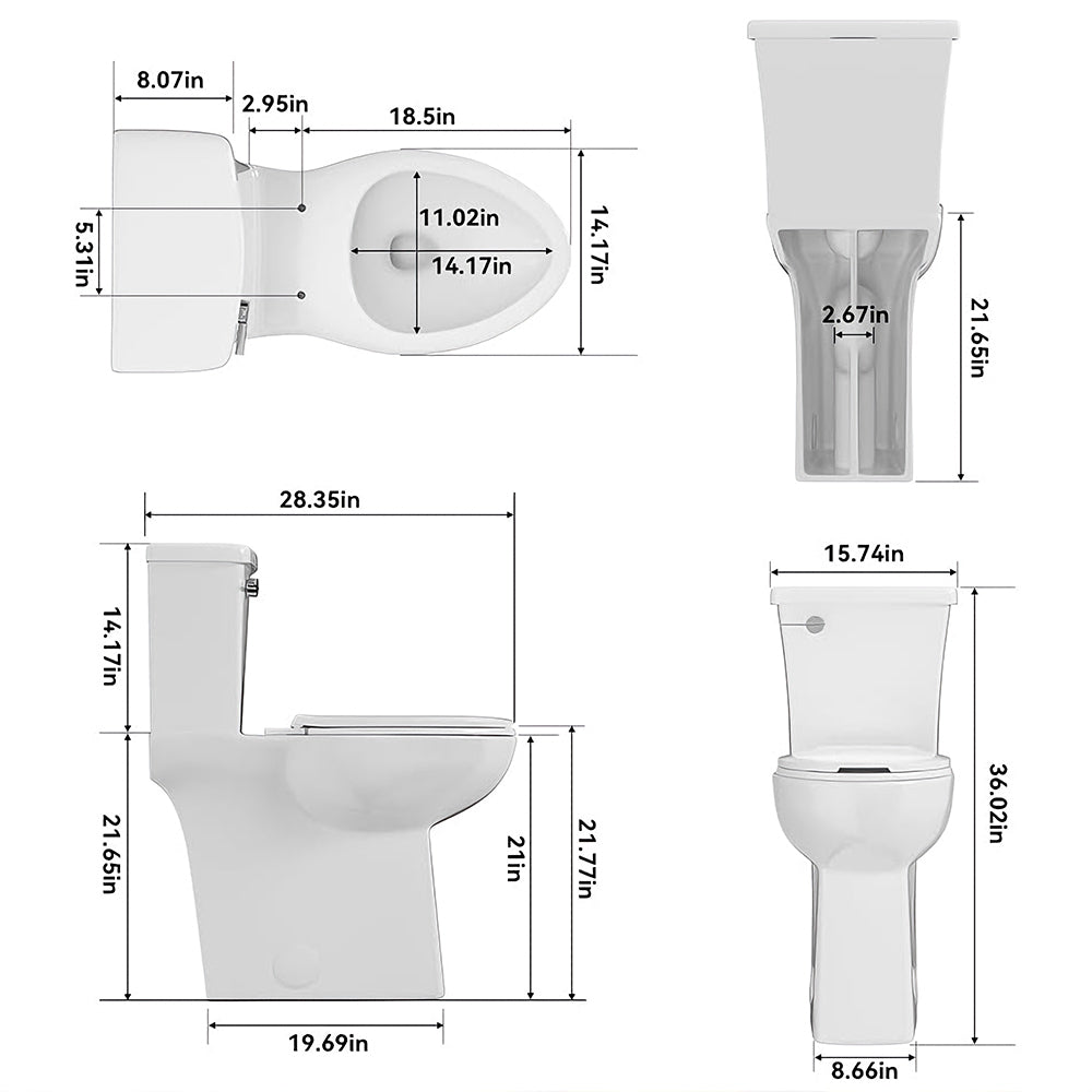 Dimensions of a 21 inch skirted toilet and its components on a white background