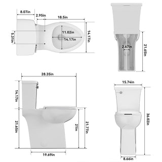 Dimensions of a 21 inch skirted toilet and its components on a white background