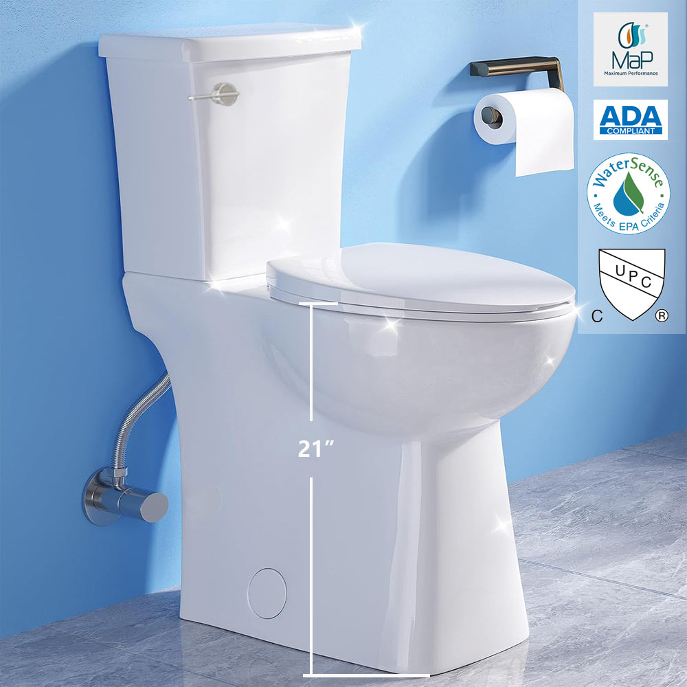 21-inch tall skirted white toilet displayed with certification labels (MAP, WaterSense, and cUPC) against a blue wall background