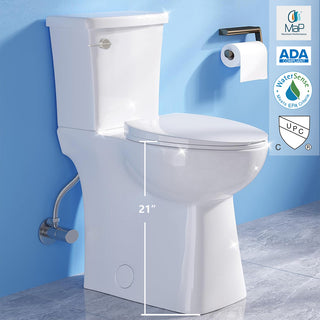 21-inch tall skirted white toilet displayed with certification labels (MAP, WaterSense, and cUPC) against a blue wall background