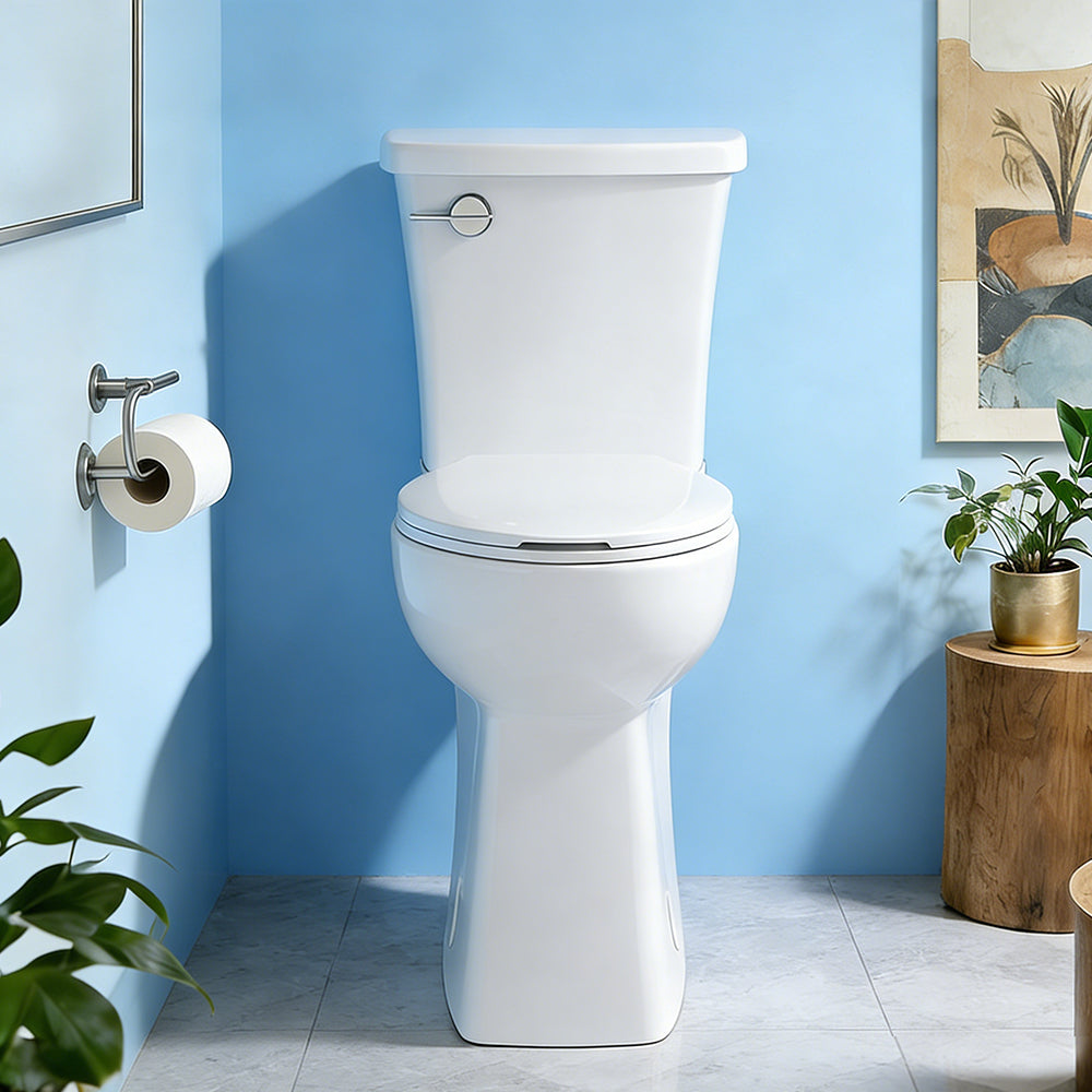 21" tall skirted white toilet for easier sitting and standing, against a blue bathroom wall with plant and wooden stool background