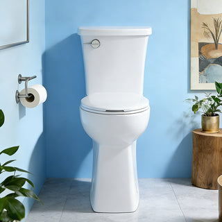 21" tall skirted white toilet for easier sitting and standing, against a blue bathroom wall with plant and wooden stool background