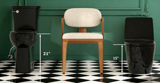 21-inch high black toilet compared with a 15-inch standard height toilet on a checkered floor against a green wall background