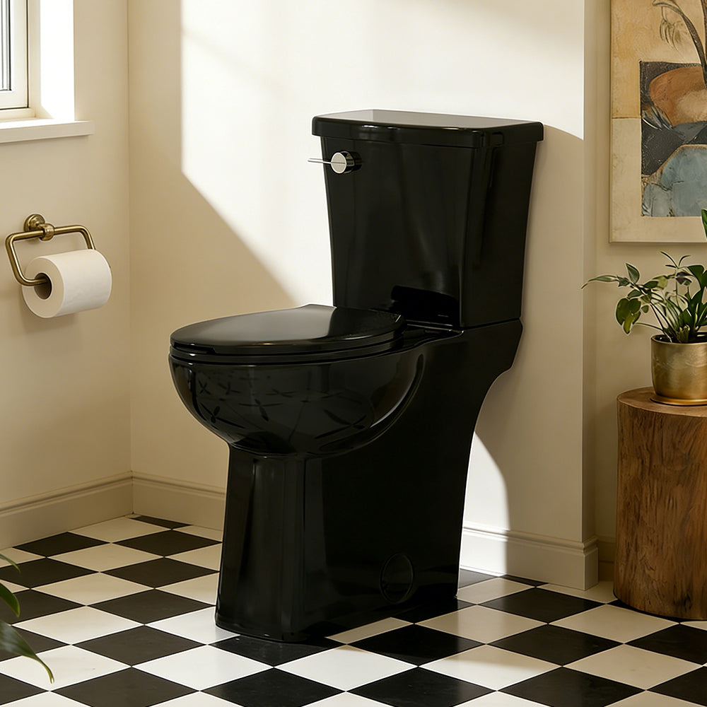 21 inch skirted glossy black toilet in a bathroom with checkered floor and plant decor