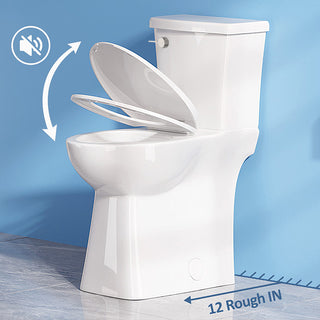 12" rough-in skirted white toilet with a quiet soft-close seat on a blue background