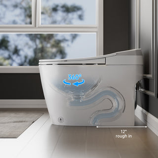 a smart toilet with 360-degree flushing and a 12" rough-in