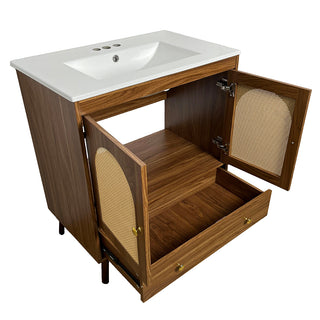 Sigsoul 30 Inch Rattan Bathroom Vanity | Walnut