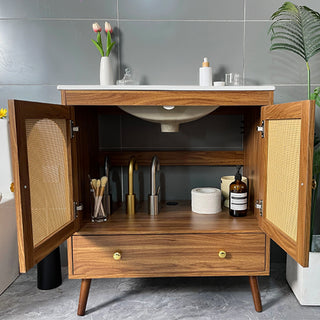 Sigsoul 30 Inch Rattan Bathroom Vanity | Walnut