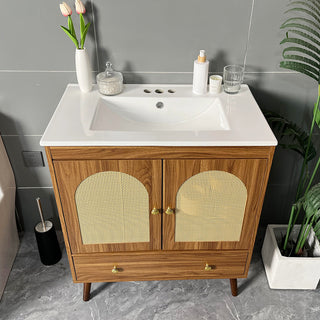 Sigsoul 30 Inch Rattan Bathroom Vanity | Walnut